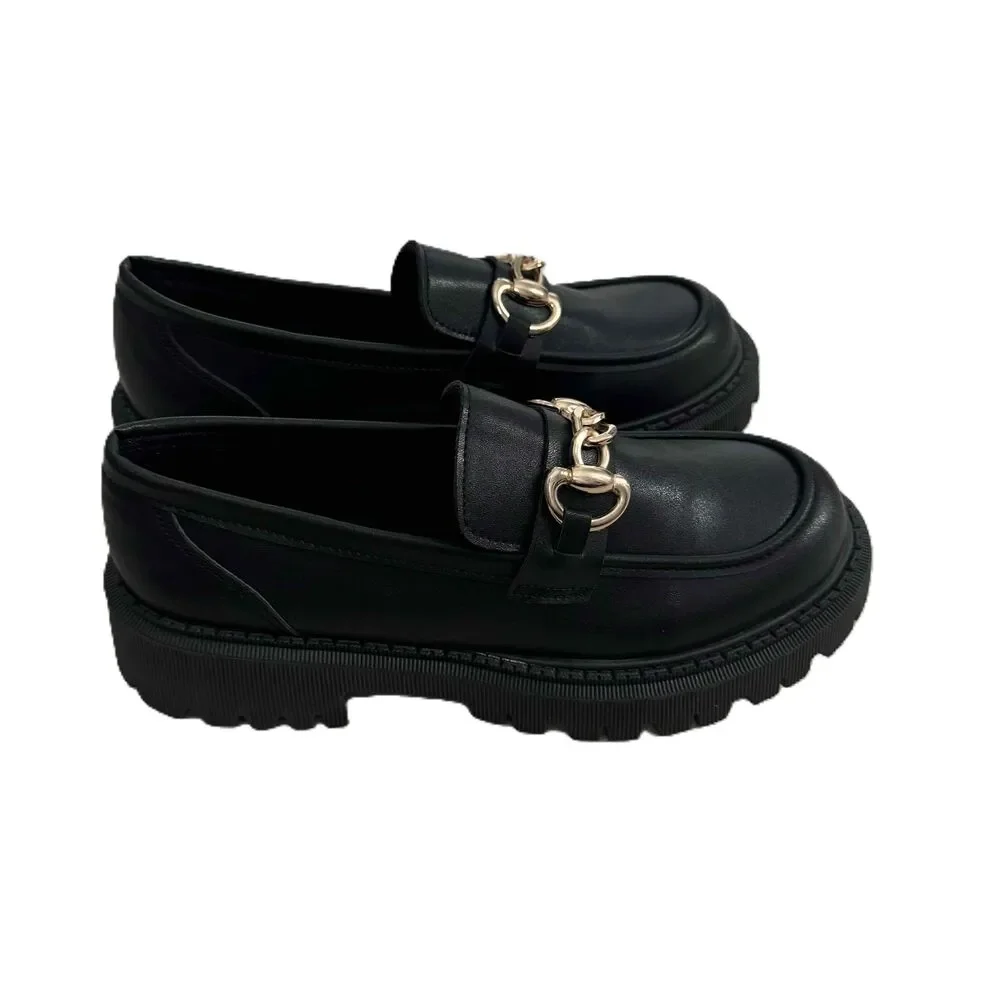 Lug Sole Loafers Black Gold Chain Embellished Chunky Sole Polished NWOT Size 40 - Picture 6 of 10